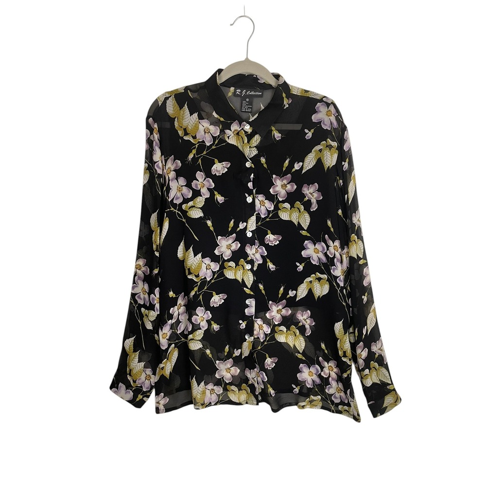 R.J. Collection Size XL Black Silk Floral Sheer Blouse Dark Romantic Goth